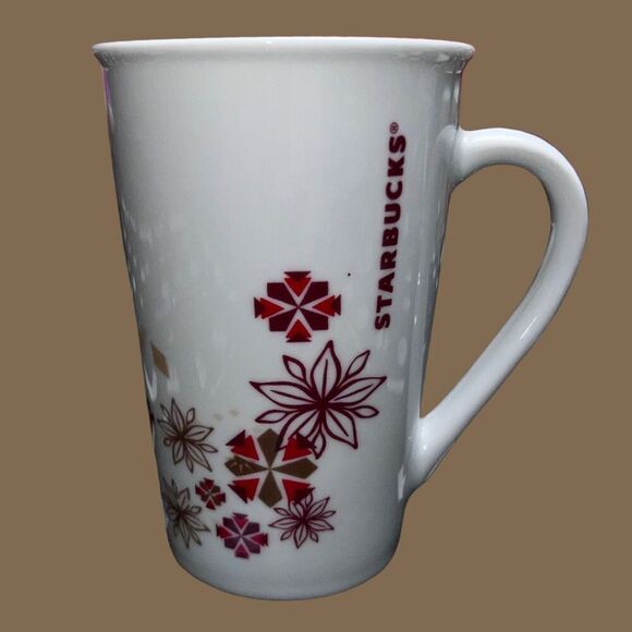 STARBUCKS Holiday Poinsettia Snowflake Coffee Tea Mug Red Gold Christmas 12 oz - Picture 1 of 5